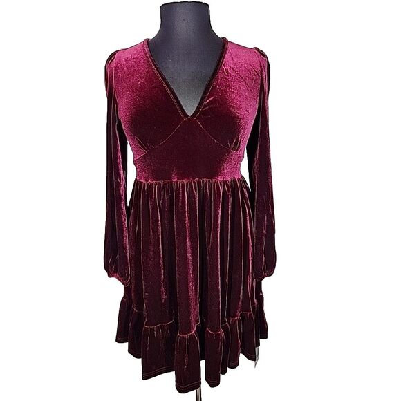 Halara Burgundy Velvet Deep V Neck Long Sleeve Ruffle Hem Dress Size XL - Picture 6 of 9